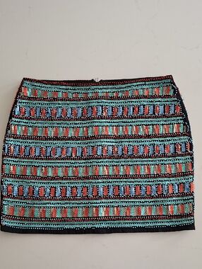 Endless Rose Black, Orange & Turquoise Beaded/Sequined Mini Skirt (Size M)